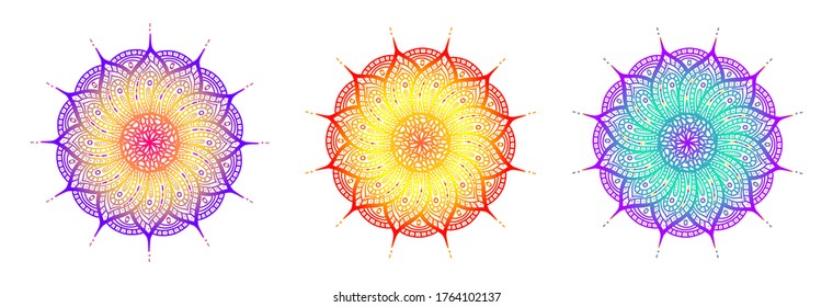 Vector illustration of a beautiful indian gold ornament three design set. Can be used as a design element, invitation or greeting card. Yoga, meditation and relaxation.