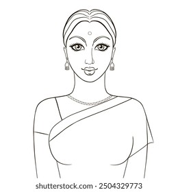 Ilustración vectorial de mujer india hermosa en vestido tradicional. Chica asiática dibujada a mano aislada sobre fondo blanco. Ilustración de libro para colorear étnico.