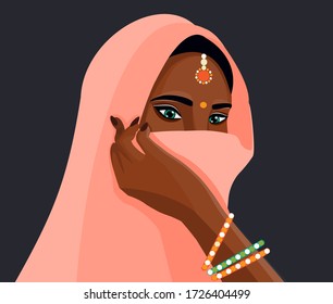 Vector illustration of beautiful Indian young woman. Traditional fashion