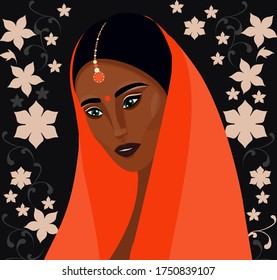 Vector illustration of beautiful Indian young woman. Traditional fashion