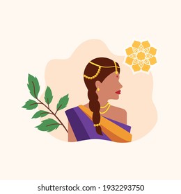 Ilustración vectorial de una hermosa joven india. Moda tradicional. Avatar para una red social. Ilustración plana del vector
