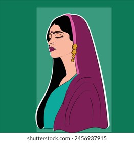 Vector illustration of beautiful Indian young woman. Traditional fashion. Beautiful Indian fashion bridal illustration art. Indian desi girls in traditional clothes with traditional gold earrings