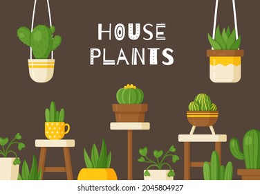Vector illustration. Beautiful indoor plants, vases and flowers. Large beautiful floor flowers and hanging vases. Dark brown background, wallpaper.