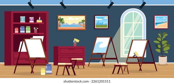 Vector illustration of a beautiful interior of an artist's room. Cartoon interior with paintings, easels, chairs, a cabinet with paints, brushes, canvases, a bedside table, a window, a vase.