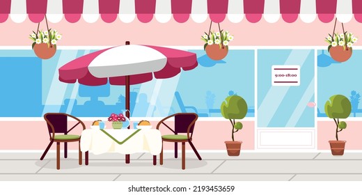 Vector illustration of beautiful interior cafe terraces. Cartoon interior with umbrella, table, chairs, cafe, sandwiches, water, flowerpots.