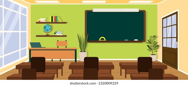 Ilustración vectorial de un hermoso interior de una sala de clases. Escena de caricatura de una escuela con pizarra, tiza, protractor, escritorio de profesores, estanterías, globo, escritorios para estudiantes, macetas de flores.