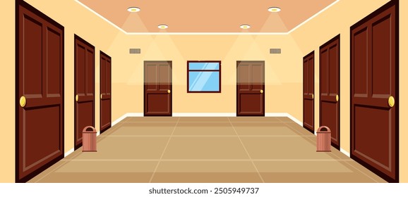 Vector illustration of a beautiful interior of a spacious and large corridor. Cartoon scene of the interior of a corridor with open and closed doors, garbage cans, window, chandelier with light.