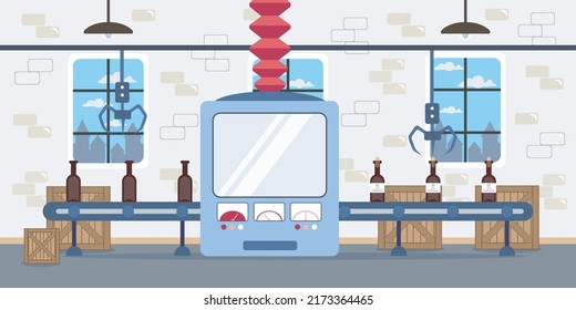 Vector illustration of a beautiful interior wine factory. Cartoon interior with a conveyor, a machine that pours wine and sticks labels, boxes, claws for serving bottles.