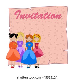 Vector Illustration of beautiful invitation with four little girls.