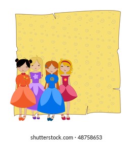 Vector Illustration of beautiful invitation with four little girls.