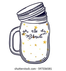 Vector illustration with a beautiful jar of confetti made from gold stars inside.