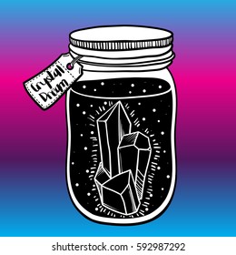 Vector illustration with a beautiful jar of crystal and diamond inside. 