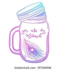 Vector illustration with a beautiful jar in peacock feather inside.