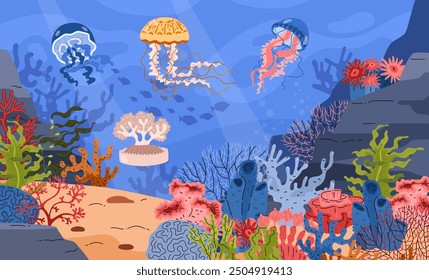 Vector illustration of beautiful jellyfish with graceful tentacles on a background of algae, corals and the seabed. Life below the surface of the ocean