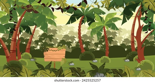 Ilustración vectorial de una hermosa selva. Escena de paisaje de la selva de dibujos animados con altas palmeras con cocos, viñas rastreras, plantas tropicales, hojas, arbustos, carteles de madera, siluetas de palmeras.