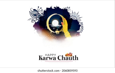 Vector illustration of Beautiful karwa karva chauth banner design with Indian married women and moon rise view