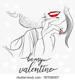 Vector illustration illustration of beautiful kissing couple on grey background with white hearts. "Be my Valentine". Smiling woman with red lipstick. Love postcards, Valentine’s day, Wedding