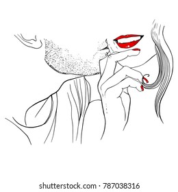 Vector illustration of beautiful kissing couple on white background. Beautiful love couple. Smiling woman with red lipstick Love postcards, fashion illustration, Valentine’s day, Wedding