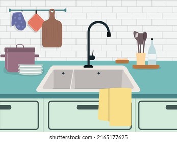 Vector illustration of a beautiful kitchen. Cartoon interior with sink, dishes, towels, kitchen utensils hanging nearby.