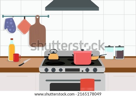 Vector illustration of a beautiful kitchen. Cartoon interior with electric stove on which there is a saucepan, kettle and frying pan, kitchen utensils hang near it.