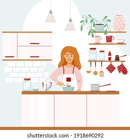 Ilustración vectorial de un hermoso interior de cocina. Ilustración plana. Una chica sonriente se prepara la comida.