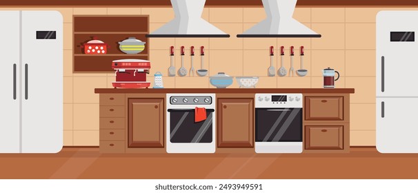 Vector illustration of a beautiful kitchen room.Cartoon scene of a kitchen with a kitchen table, gas stoves, hoods, refrigerators, a coffee machine,a cabinet,various dishes:pots,a grater,a coffee pot.