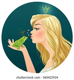 Vector illustration with beautiful lady kisses a frog