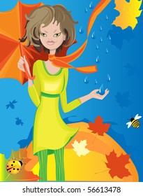 Vector illustration of beautiful lady  under an umbrella
