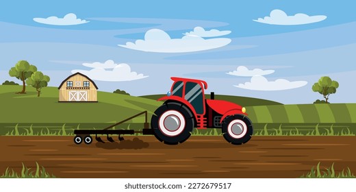 Vector illustration of a beautiful landscape with an agricultural farm and tractor. Cartoon summer landscape with a field, a farm with a barn, trees, bushes and a tractor plowing the land.