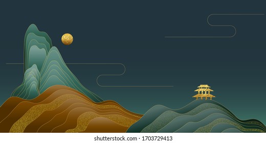 Vector illustration of beautiful landscape background with a night, yellow hills, black sky, golden pavilion.