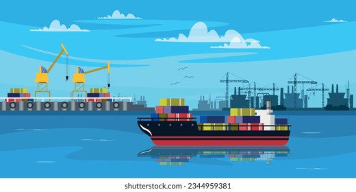 Vector illustration of a beautiful landscape with a cargo ship in a seaport. Cartoon seascape scene with cargo ship with silhouettes of lifting cranes, unloaded cargo, blue sky, clouds and birds.