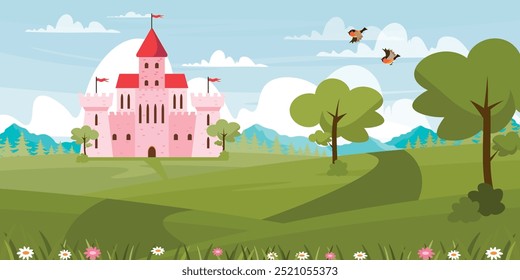  Ilustración vectorial de un hermoso paisaje con un castillo. Escena de la historieta, una vista linda con un castillo rosado de la princesa, montañas, árboles de Navidad, caminos, llanuras, árboles, arbustos, pájaros que vuelan, flores, hierba