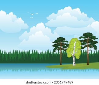 Vector illustration of the beautiful landscape of the coast timber lake