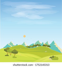 Vector illustration of beautiful landscape with a dawn, hills and a bright color blue sky in background.