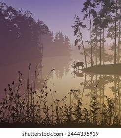 Vector illustration with beautiful landscape with а deer on the lake