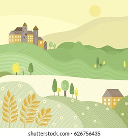 Vector illustration with beautiful landscape with fields, flowers and houses