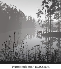 Vector illustration with beautiful landscape. Forest lake and deer. Good detail, large printable artwork