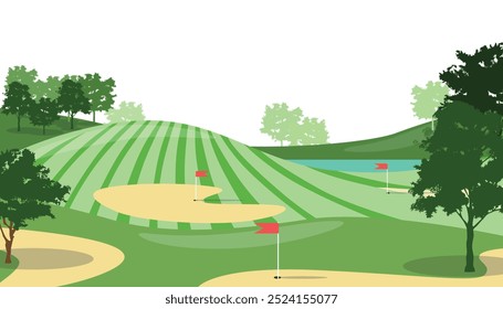 Vector illustration of a beautiful landscape of a golf course. Cartoon scene of wonderful landscape with hilly plains, green trees with lush crowns, trunks, sports field golf, red flags, river.

