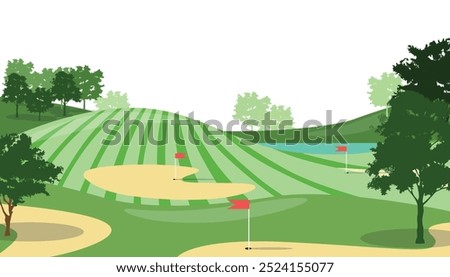 Vector illustration of a beautiful landscape of a golf course. Cartoon scene of wonderful landscape with hilly plains, green trees with lush crowns, trunks, sports field golf, red flags, river.
