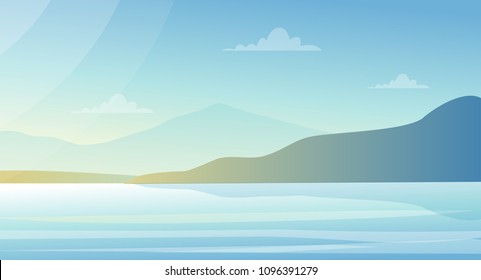 Vector illustration beautiful landscape with lake and mountains in pastel colors. Nature background, sea view in flat style.