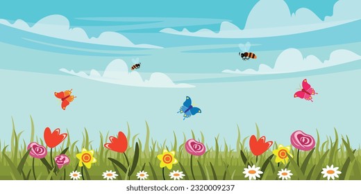 Vector illustration of a beautiful landscape with a meadow. Cartoon scene of sunny landscape with sky and clouds, grass, flowers: daffodils, tulips, roses, poppies, daisies, butterflies and bees.