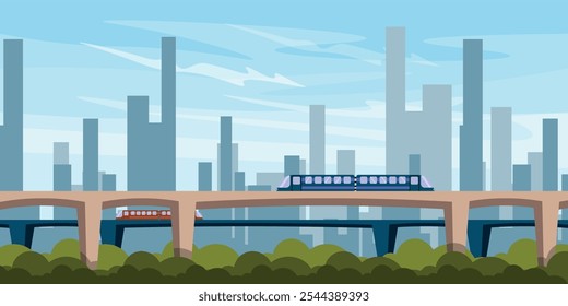 Ilustração vetorial de uma bela paisagem de uma cidade moderna com trens de alta velocidade. Cena de desenho animado de uma cidade com casas, arranha-céus, pontes com trens, árvores, arbustos, vegetação, céu com nuvens.