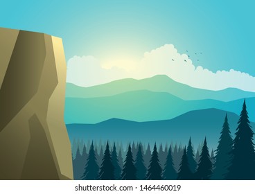 Vector illustration of beautiful landscape of mountain and pine trees.