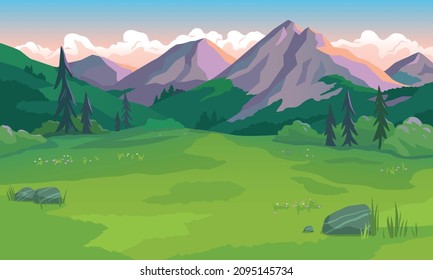 Vector illustration of a beautiful landscape with mountains,  green valley, stones and grass and cloudy pink sky at sunset