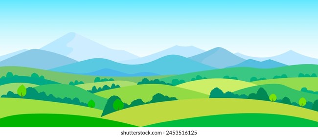 Ilustración vectorial de un hermoso paisaje con montañas, campos, prados y cielo azul. Paisaje natural en un estilo rústico.