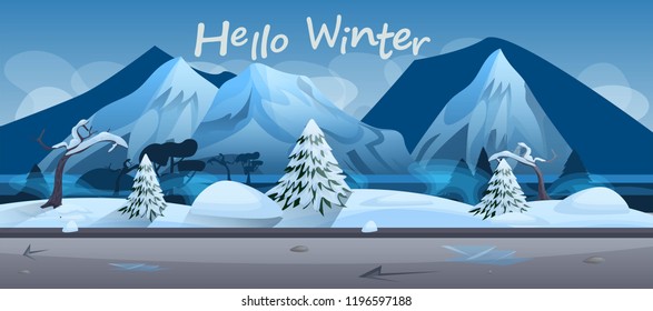 Vector illustration of a beautiful landscape on a background of blue mountains. Deep background with tree silhouettes. Inscription Hello winter! - Shutterstock ID 1196597188