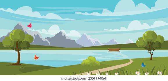 Vector illustration of a beautiful landscape with a river. Cartoon scene of a summer landscape with mountains, plains, a river with a boat, trees, bushes, flowers, grass, paths and butterflies.