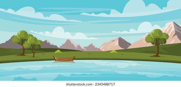 Ilustración vectorial de un hermoso paisaje con un río. Escena de dibujos animados de paisaje soleado de verano con río, barco con reflexión, llano con árboles verdes, arbustos, montañas, cielo azul y nubes.