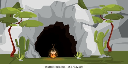 Vector illustration beautiful landscape with rocky cave. Cartoon scene of entrance to dark cave among rocks, bonfire with cauldron, firewood, fire, trees, bushes, grass, stones, prickly cacti.