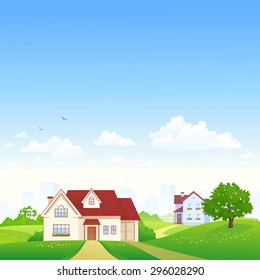 Vector illustration of a beautiful landscape with suburban houses, square view